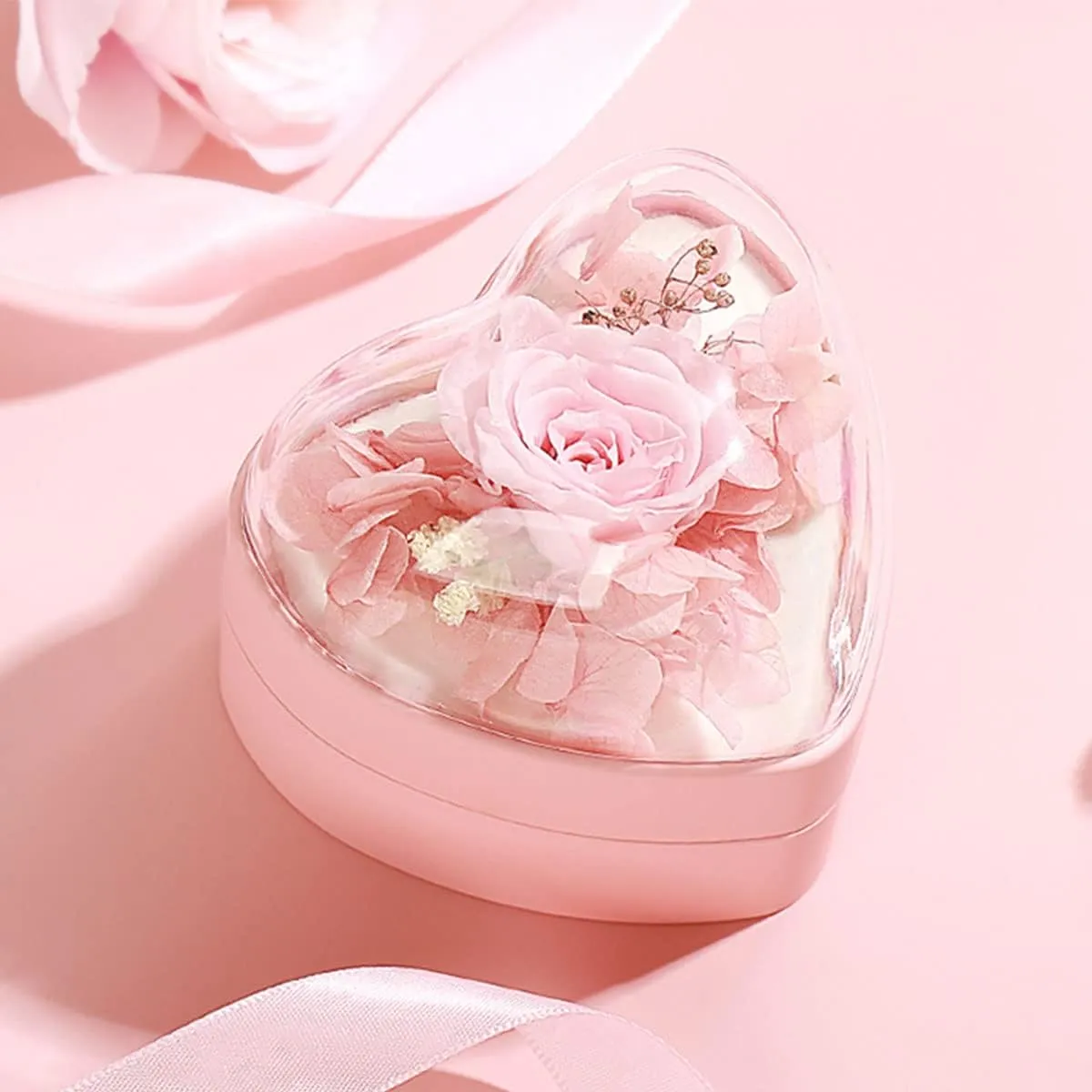 Preserved Flower Rose Ring Box, Heart Shape Velvet Jewelry Box for Valentine's Day Mother's Day Wedding Anniversary Birthday Gift, Pink