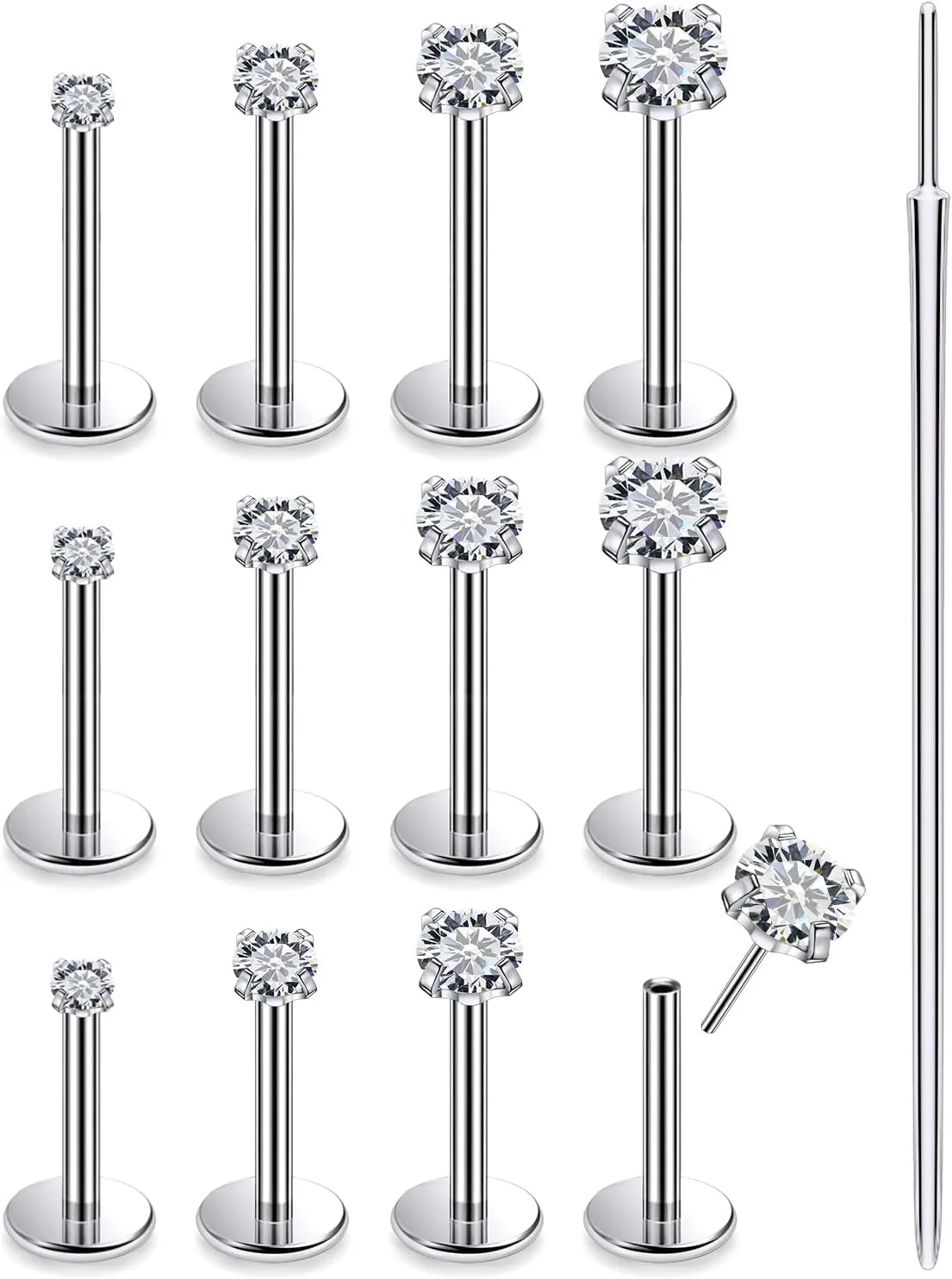 Prjndjw Threadless Nose Rings Stud 20G 18G 16G Flat Back Nose Stud Surgical Steel Push In Nose Rings Cubic Zirconia Hypoallergenic Nose Piercings Lip Medusa Tragus Studs Earrings Piercing Taper