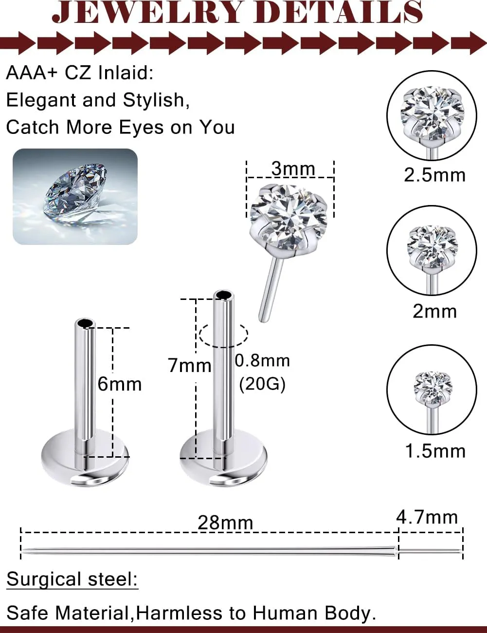 Prjndjw Threadless Nose Rings Stud 20G 18G 16G Flat Back Nose Stud Surgical Steel Push In Nose Rings Cubic Zirconia Hypoallergenic Nose Piercings Lip Medusa Tragus Studs Earrings Piercing Taper