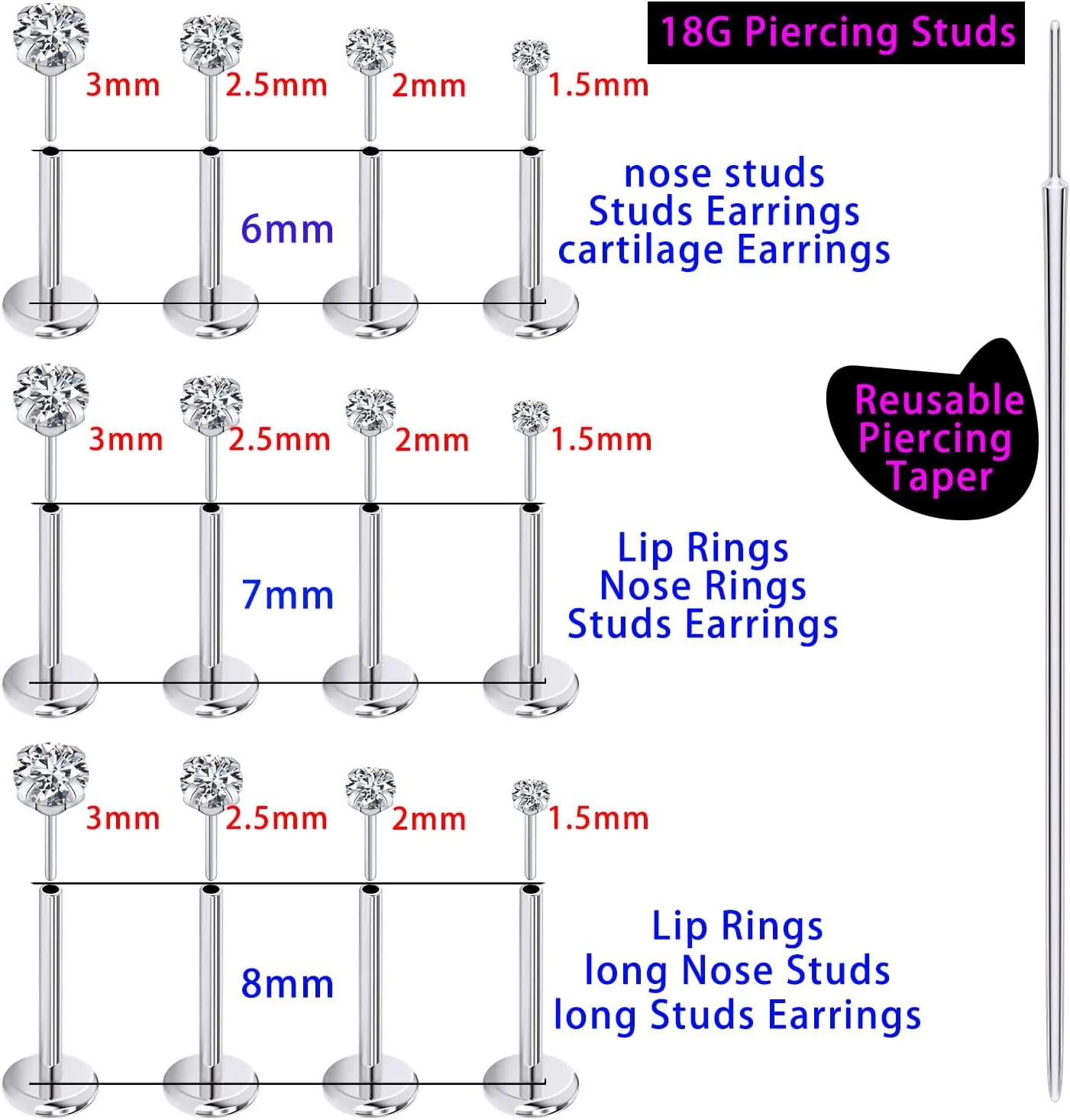 Prjndjw Threadless Nose Rings Stud 20G 18G 16G Flat Back Nose Stud Surgical Steel Push In Nose Rings Cubic Zirconia Hypoallergenic Nose Piercings Lip Medusa Tragus Studs Earrings Piercing Taper
