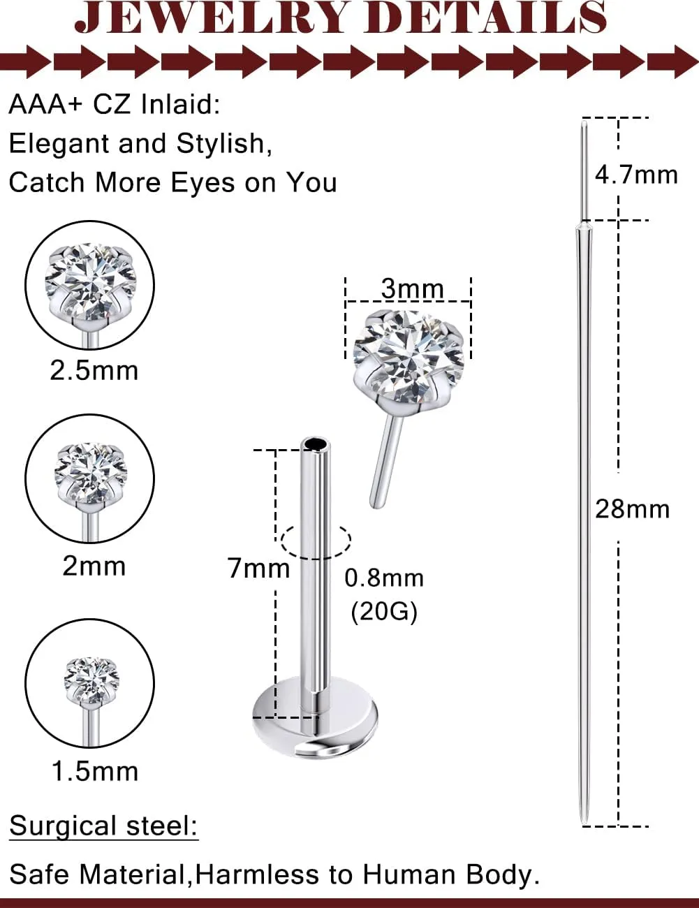 Prjndjw Threadless Nose Rings Stud 20G 18G 16G Flat Back Nose Stud Surgical Steel Push In Nose Rings Cubic Zirconia Hypoallergenic Nose Piercings Lip Medusa Tragus Studs Earrings Piercing Taper