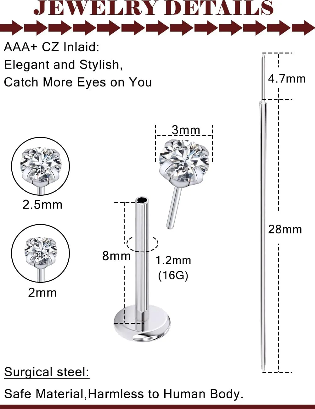 Prjndjw Threadless Nose Rings Stud 20G 18G 16G Flat Back Nose Stud Surgical Steel Push In Nose Rings Cubic Zirconia Hypoallergenic Nose Piercings Lip Medusa Tragus Studs Earrings Piercing Taper