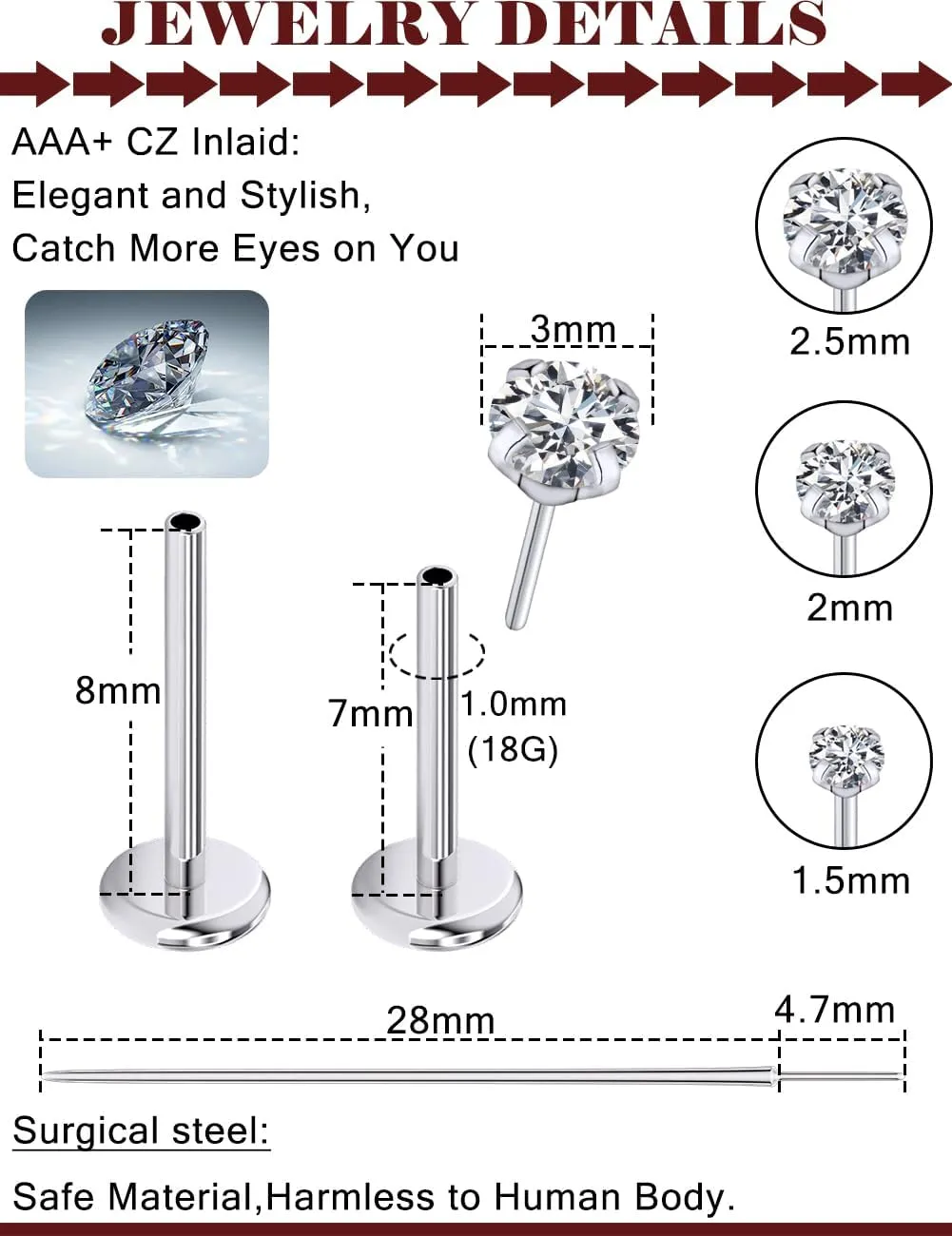 Prjndjw Threadless Nose Rings Stud 20G 18G 16G Flat Back Nose Stud Surgical Steel Push In Nose Rings Cubic Zirconia Hypoallergenic Nose Piercings Lip Medusa Tragus Studs Earrings Piercing Taper