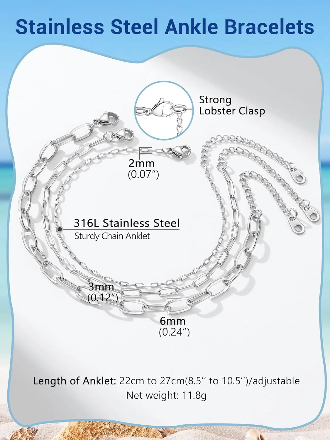 PROSTEEL Stainless Steel Chain Anklets for Women, Silver/Gold Tone, Ankle Bracelets Hypoallergenic, 8-10.5 Inch Adjustable, Come with Box