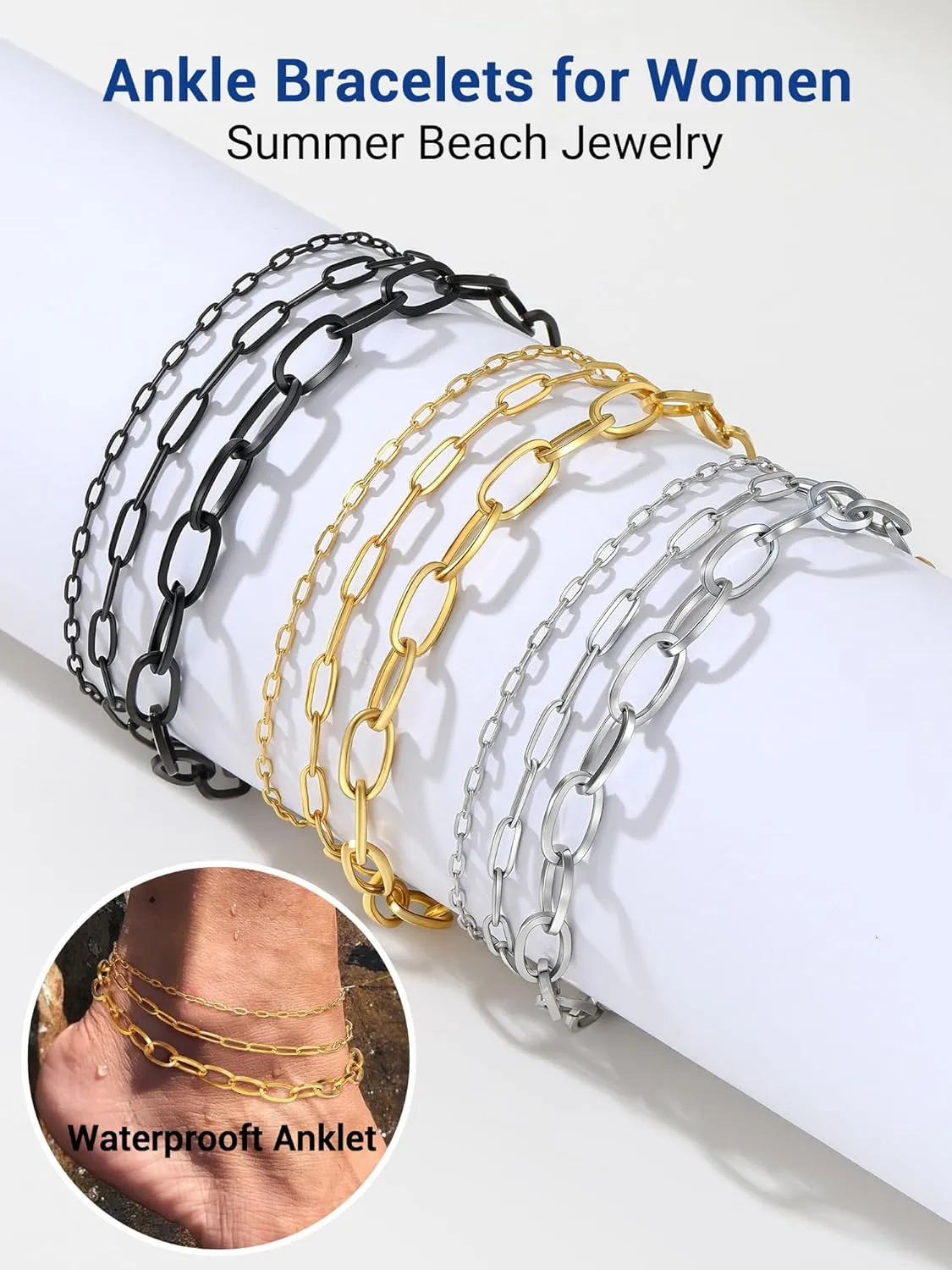 PROSTEEL Stainless Steel Chain Anklets for Women, Silver/Gold Tone, Ankle Bracelets Hypoallergenic, 8-10.5 Inch Adjustable, Come with Box