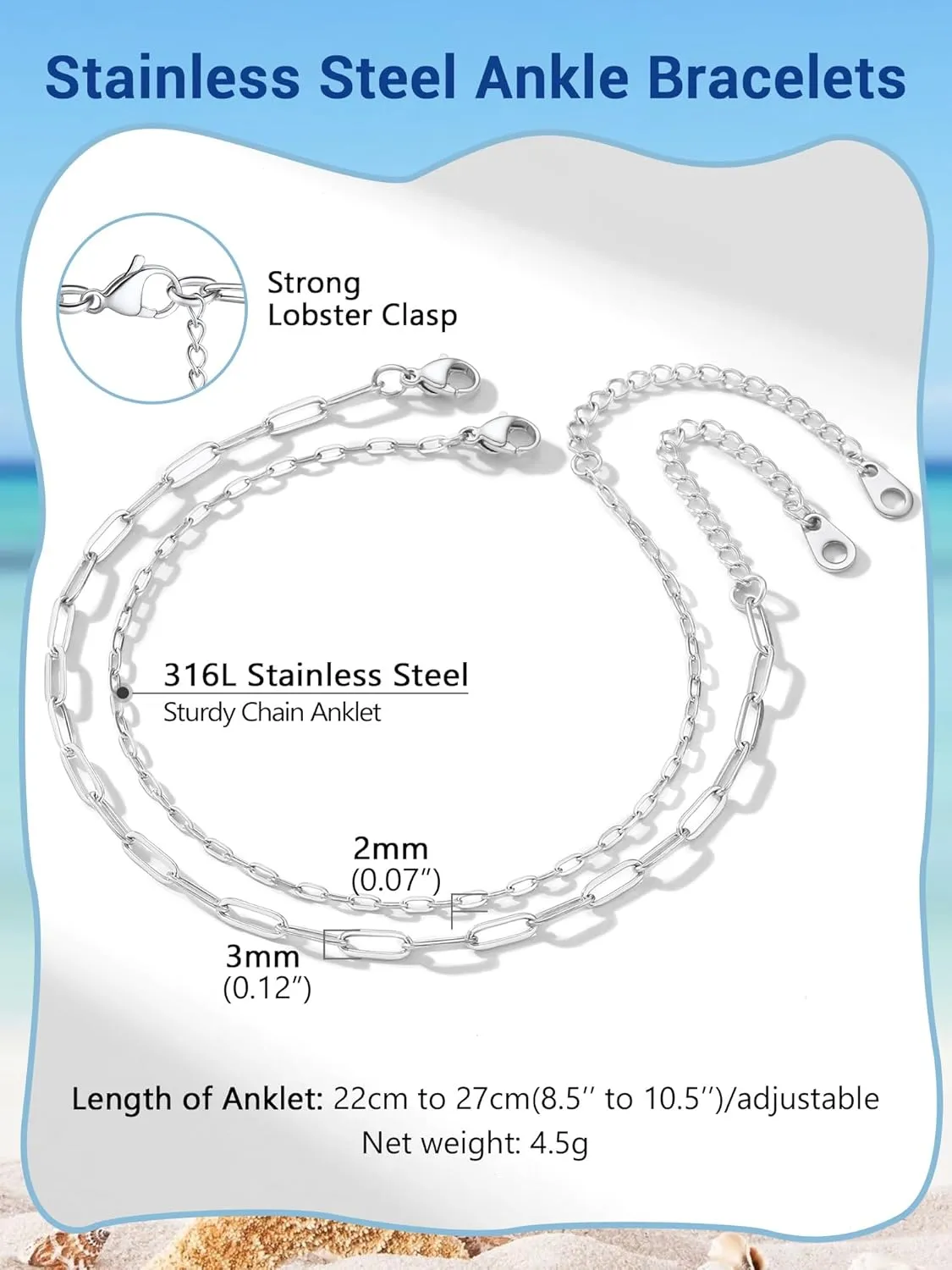 PROSTEEL Stainless Steel Chain Anklets for Women, Silver/Gold Tone, Ankle Bracelets Hypoallergenic, 8-10.5 Inch Adjustable, Come with Box