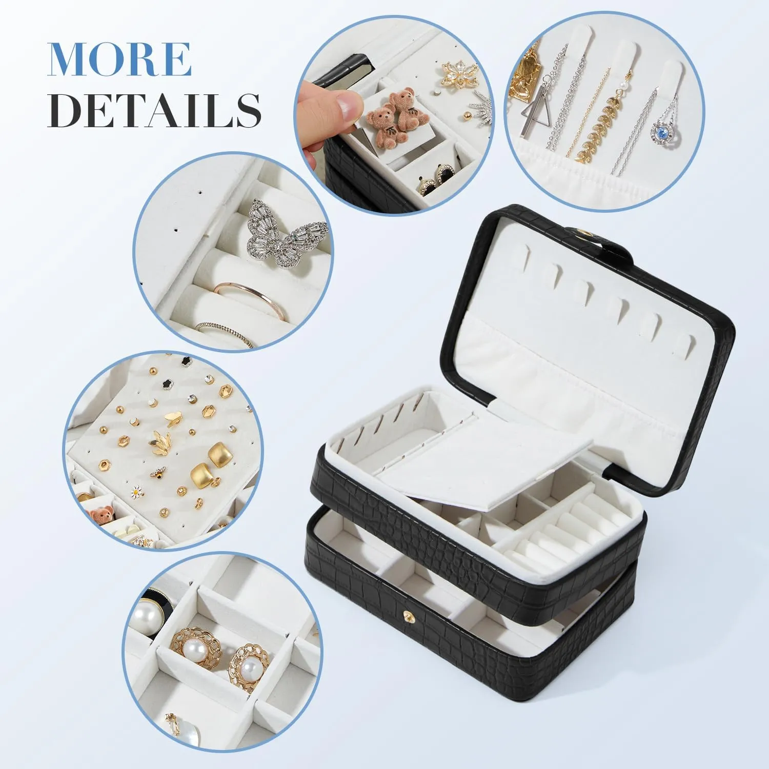 PU Leather Small Jewelry Box for Women Girls, Double Layers Travel Portable Jewelry Case for Ring, Pendant, Earring, Necklace, Bracelet Organizer Storage Holder Boxes, Black