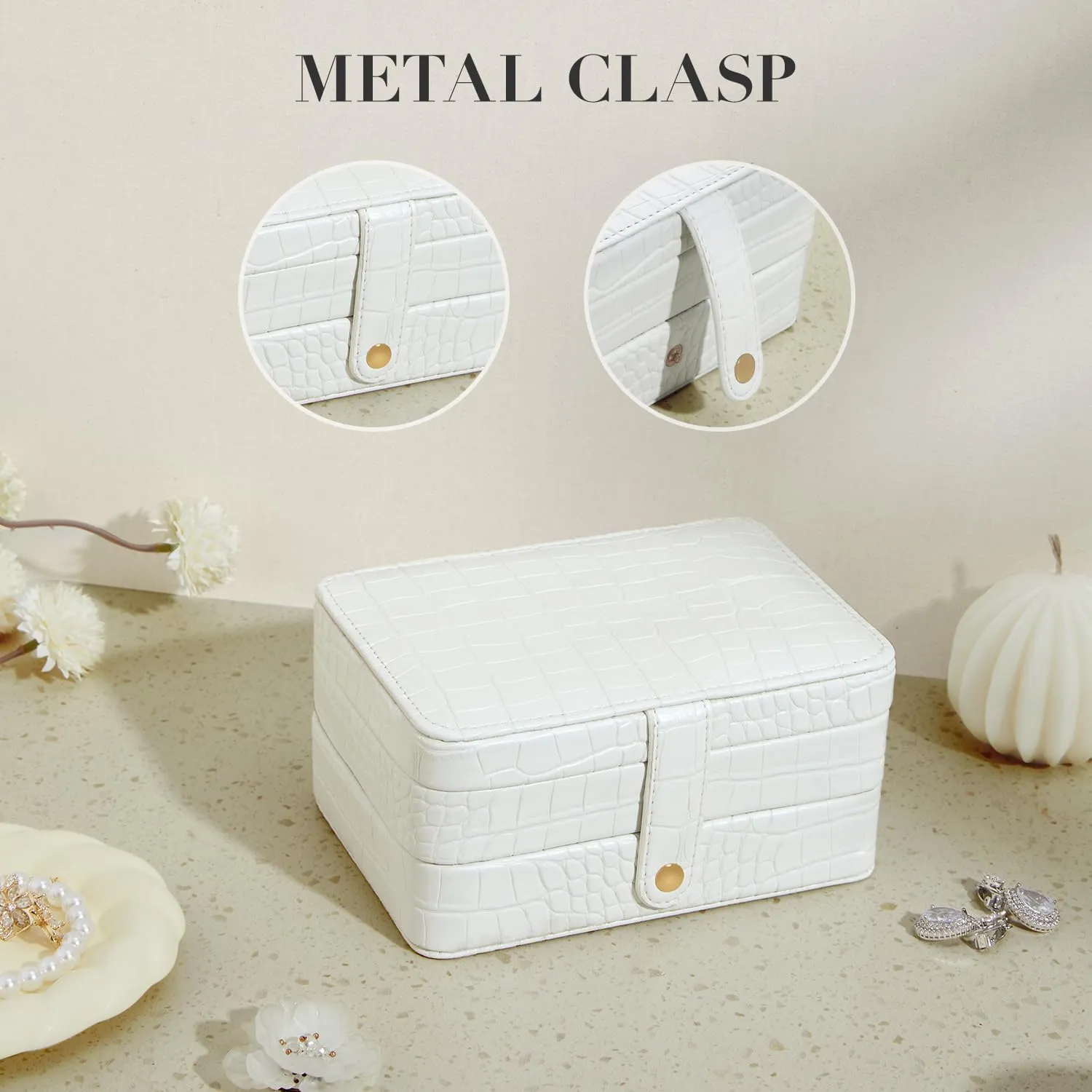 PU Leather Small Jewelry Box for Women Girls, Double Layers Travel Portable Jewelry Case for Ring, Pendant, Earring, Necklace, Bracelet Organizer Storage Holder Boxes, White