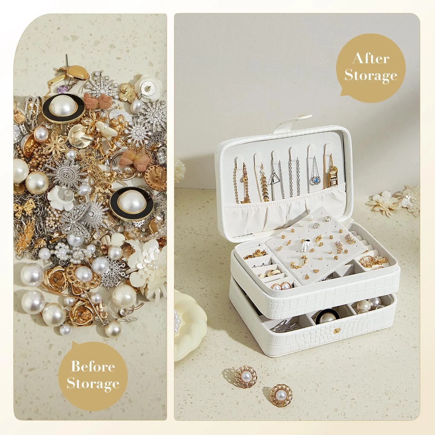 PU Leather Small Jewelry Box for Women Girls, Double Layers Travel Portable Jewelry Case for Ring, Pendant, Earring, Necklace, Bracelet Organizer Storage Holder Boxes, White