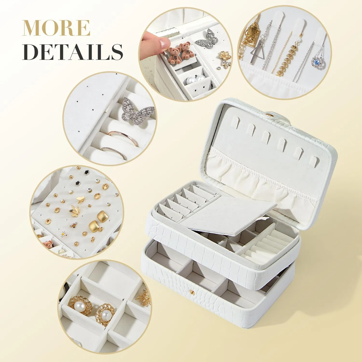 PU Leather Small Jewelry Box for Women Girls, Double Layers Travel Portable Jewelry Case for Ring, Pendant, Earring, Necklace, Bracelet Organizer Storage Holder Boxes, White