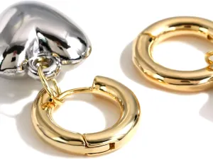 QueenBee Heart Hoop Earrings for Women  Gold & Silver Plated Mixed Metal Dangle Earrings, Puffy Teardrop Trendy Earrings, Hypoallergenic Mixed Metal Jewelry, Fashionable Statement Gift for Birthday, Mother's Day, Wedding Bridesmaids