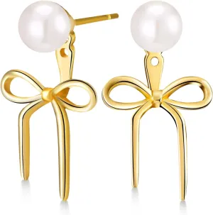 Quelay Stud Earrings for Women Pearl Dangle Bow Earrings