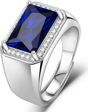 Radiant Cut Created Sapphire Rings for Men 925 Sterling Silver Plated Mens Wedding Engagement Rings with Cubic Zirconia Mens Adjustable Rings Size 7-12