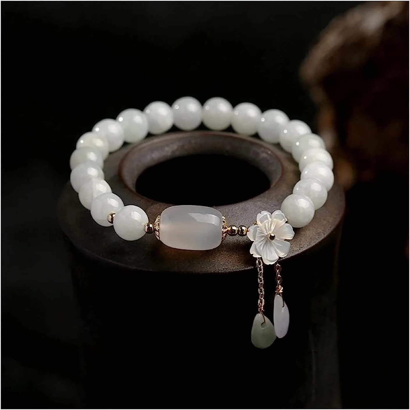 RANARA Buddhist Prayer Bead Bracelet,Buddha Meditation Beads Bangle,Jewelry Emerald Agate Beads Bracelet Adjustable Bangle Charm Jewelry Yoga Water Flower Bracelet Woman Bracelets