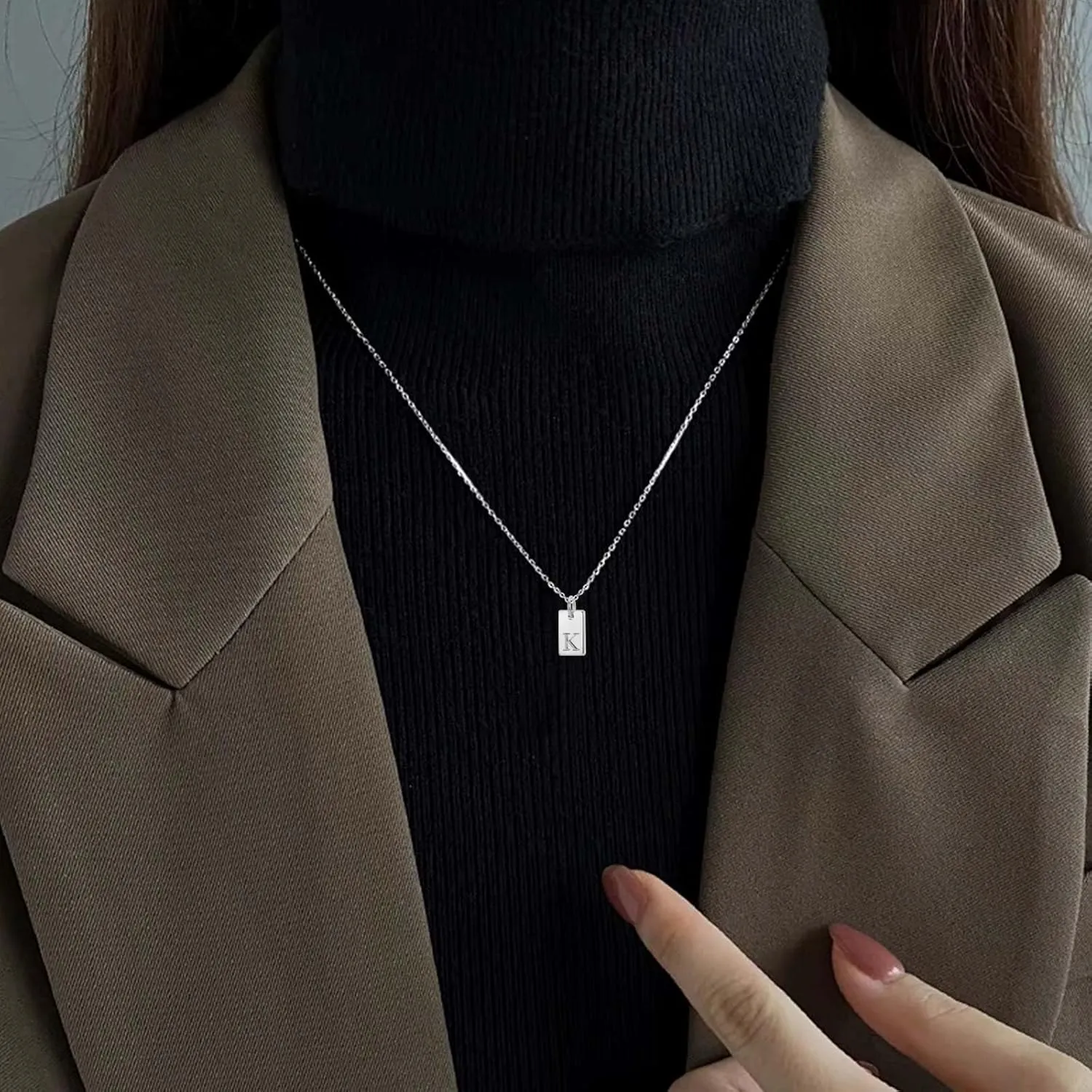 REELMAR Silver Initial Necklaces for Women Trendy Name Letter Necklace Cute Initial Tag Pendant Necklace Dainty Alphabet Personalized Silver Jewelry