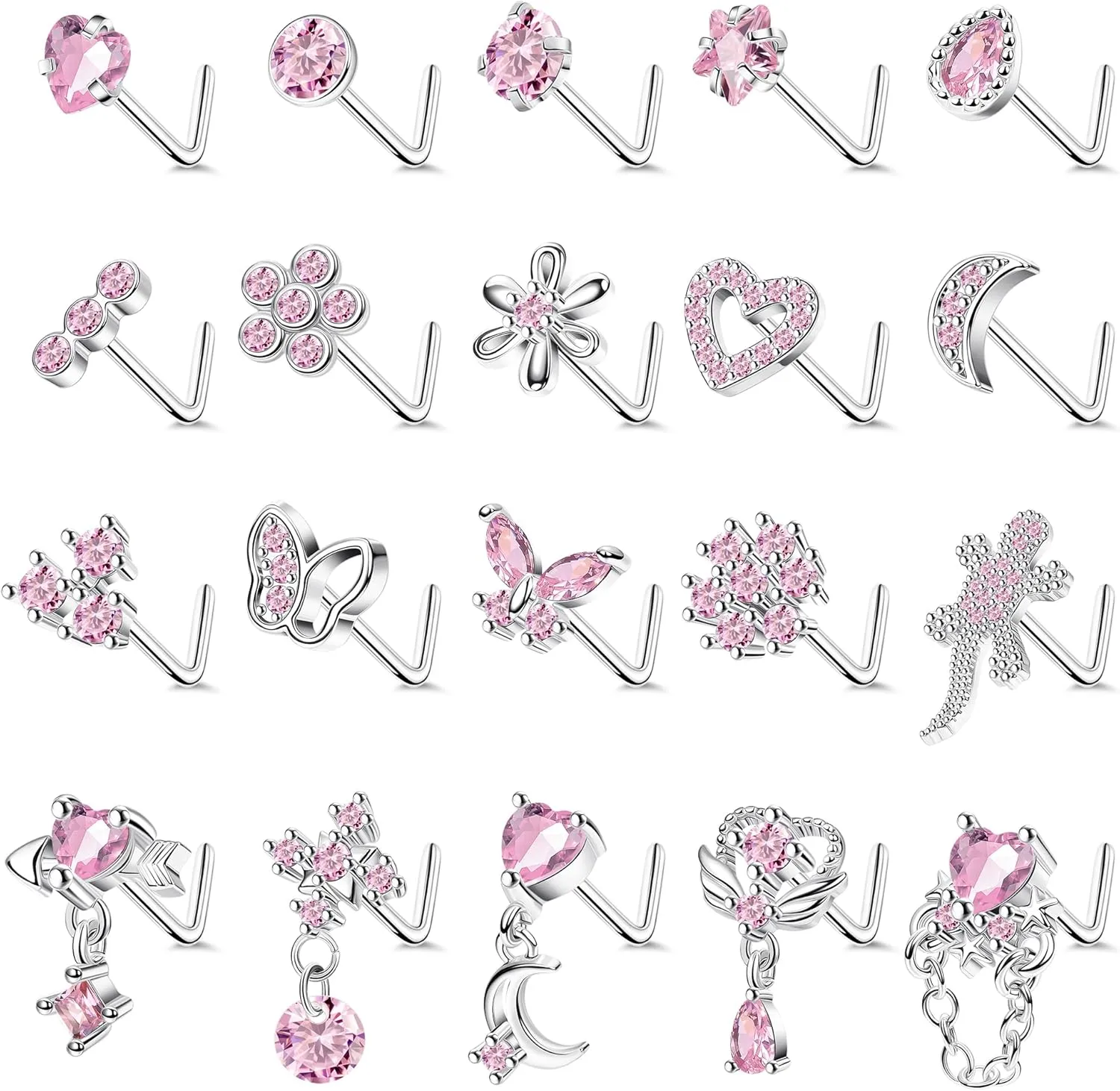 REVOLIA 20Pcs 20G Surgical Steel Dangle Nose Rings L Shaped Nose Ring Studs for Women Men CZ Heart Moon Dangling Flower Butterfly Nose Piercing Jewelry