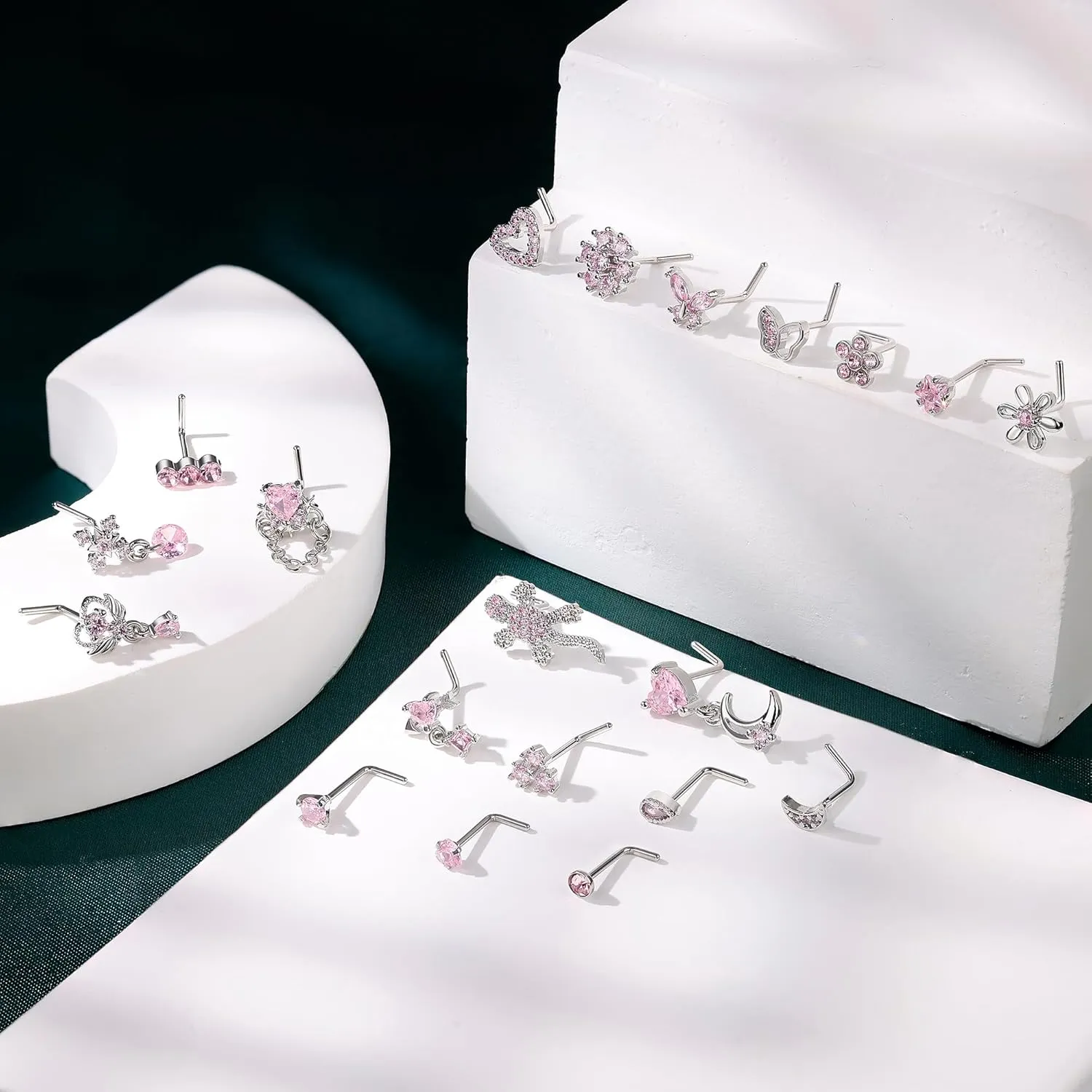 REVOLIA 20Pcs 20G Surgical Steel Dangle Nose Rings L Shaped Nose Ring Studs for Women Men CZ Heart Moon Dangling Flower Butterfly Nose Piercing Jewelry