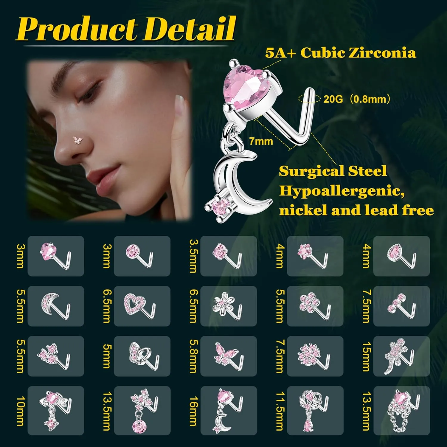 REVOLIA 20Pcs 20G Surgical Steel Dangle Nose Rings L Shaped Nose Ring Studs for Women Men CZ Heart Moon Dangling Flower Butterfly Nose Piercing Jewelry