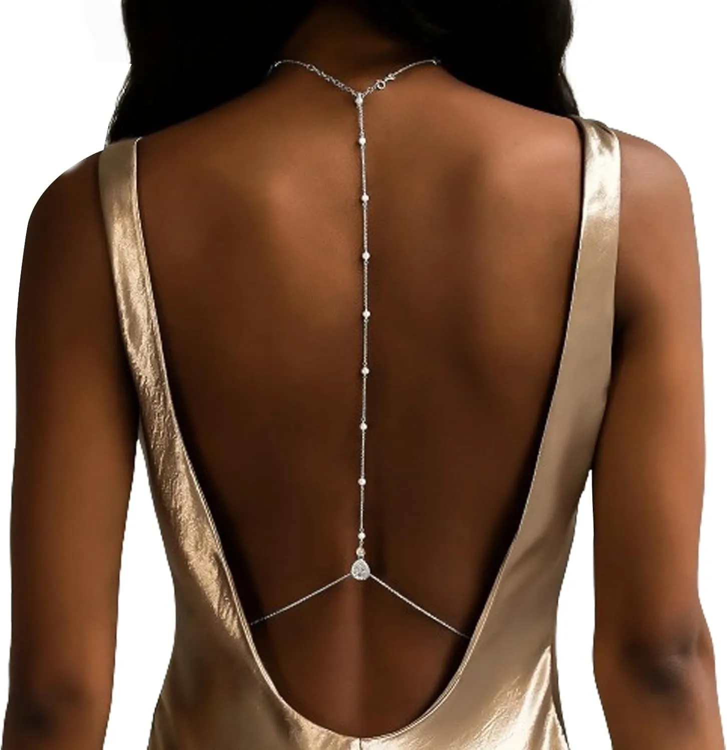 Rhinestone Back Necklace for Backless Dress - Bridal Wedding Pearl Backdrop Jewelry Crystal Long Body Chain Simple Waist Chain for Women