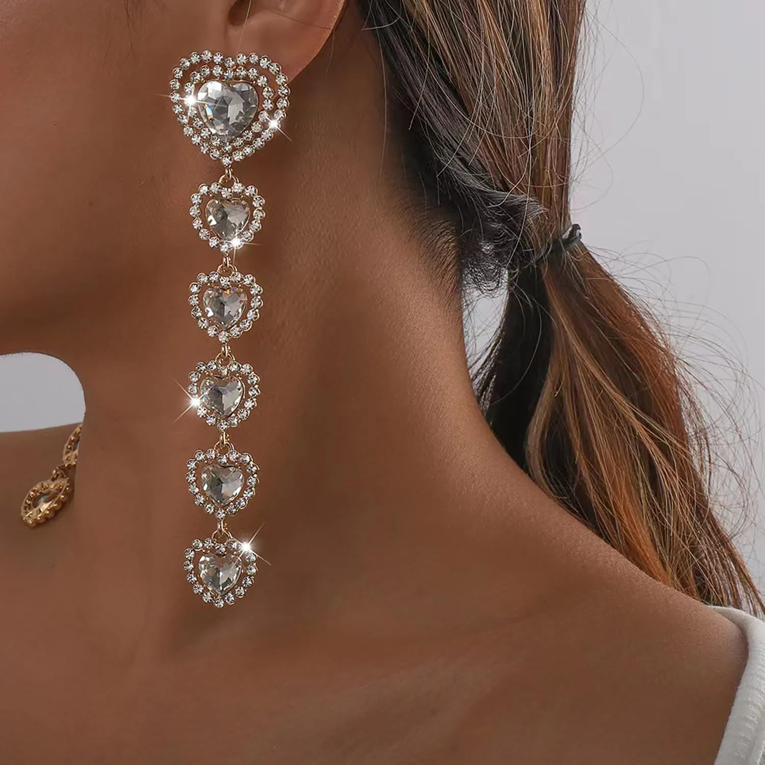 Rhinestone Heart Earrings for Women Long Heart Dangle Earrings Crystal Heart Drop Earrings for Women Wedding Bridal Prom Party Jewelry