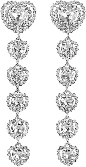 Rhinestone Heart Earrings for Women Long Heart Dangle Earrings Crystal Heart Drop Earrings for Women Wedding Bridal Prom Party Jewelry