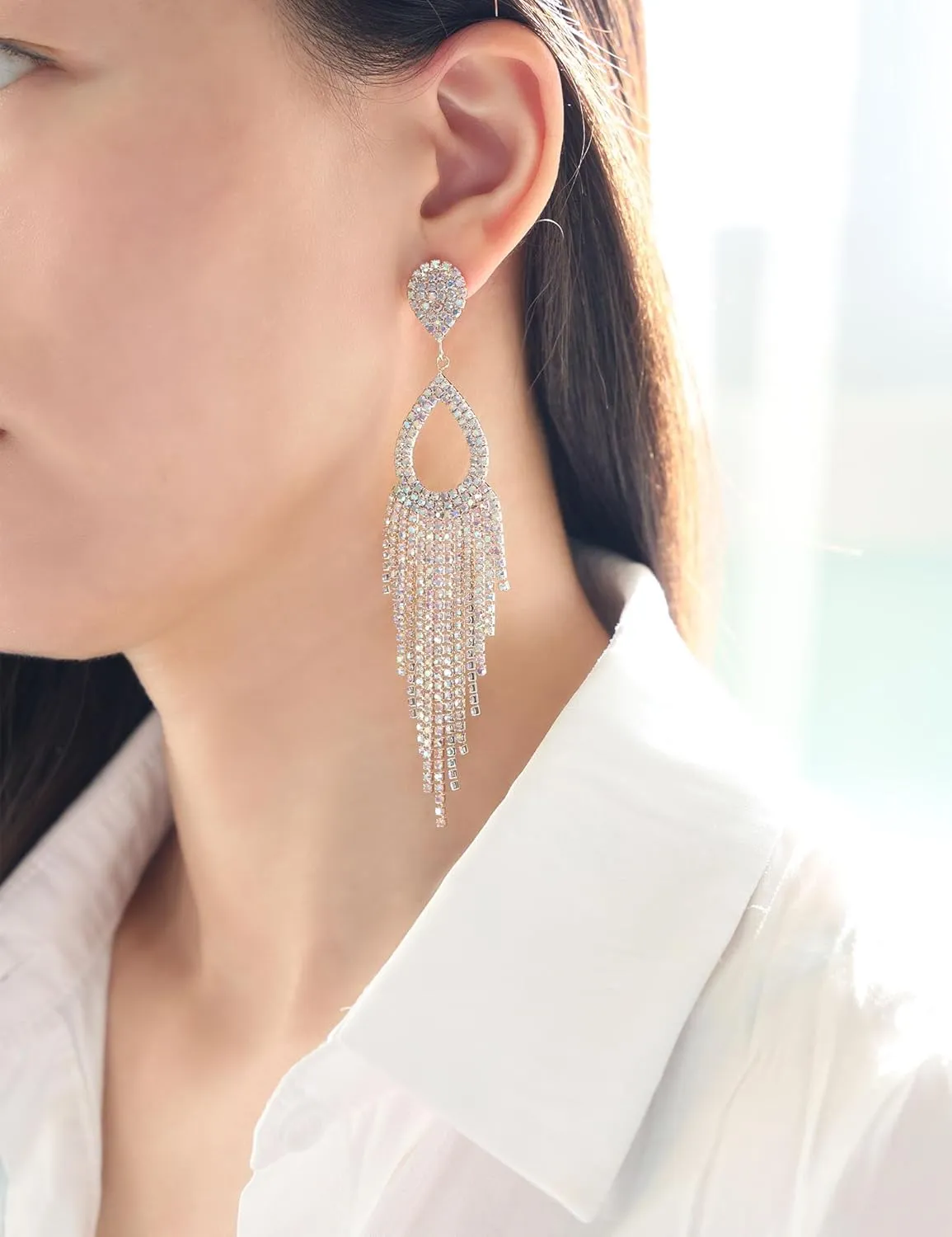 Rhinestone Teardrop with Long Tassel Earrings Sparkly Dangle Earrings for Women