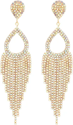 Rhinestone Teardrop with Long Tassel Earrings Sparkly Dangle Earrings for Women