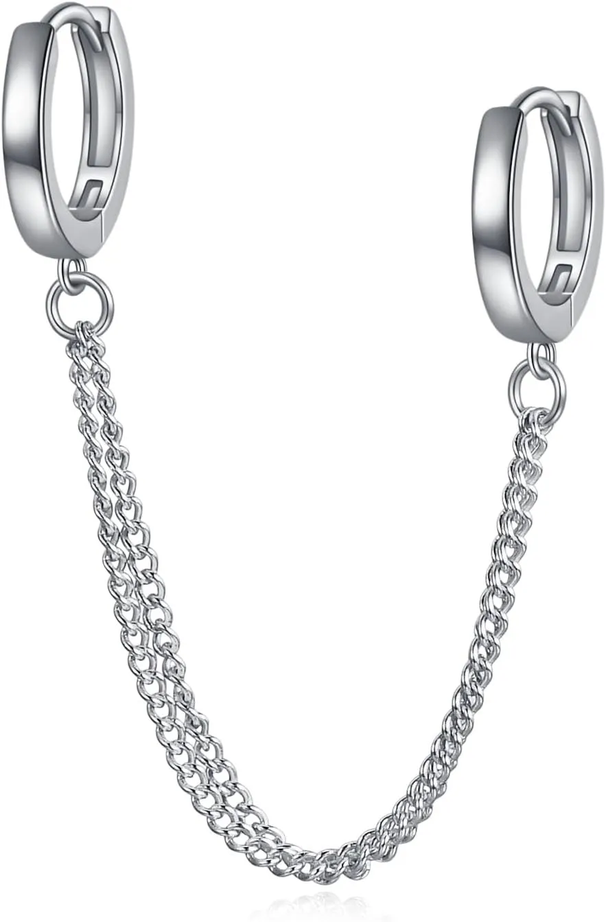 Rnivida 925 Sterling Silver Double Hoop Earrings Double Chains,Beaded Hoop Earrings Double Piercing,Dangle Cartilage Earrings Jewelry Gifts for Women