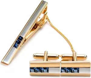 Romantic Gold Cufflinks &Tie Clip Set for Men, Modern Swarovski Crystal Shirt Studs & Necktie Bar, Fashion Collection Cuff Links Stickpin, Shiny Tie Pin & Cuff Button (Small Rectangle Set)