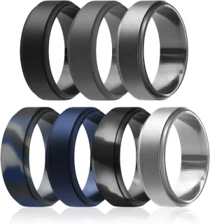 ROQ Silicone Rubber Wedding Ring for Men, Breathable Rubber Engagement Band, 8mm Wide 2mm Thick, Step Edge, 7 Pack, Black, Grey, Platinum, Silver, Black Camo, Dark Blue, Black-Blue Camo, Size 9