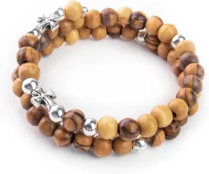 Rosary Bracelet For Women From the Holy Land - Twist Stretch Olive Wood Beaded Bracelets with Cross Dangle - Christian 4 Decade Wooden Rosary Prayer Bracelet For Women & Girls - Catholic Gifts