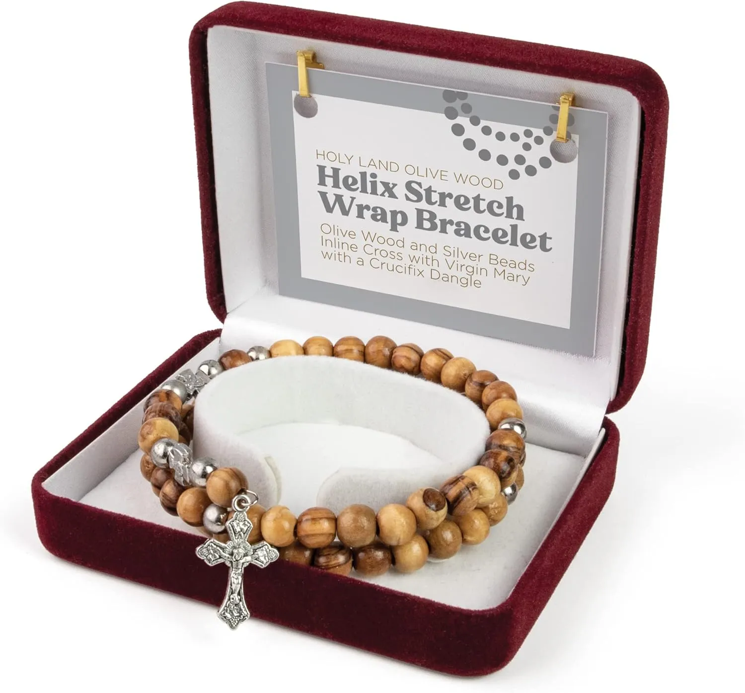 Rosary Bracelet For Women From the Holy Land - Twist Stretch Olive Wood Beaded Bracelets with Cross Dangle - Christian 4 Decade Wooden Rosary Prayer Bracelet For Women & Girls - Catholic Gifts