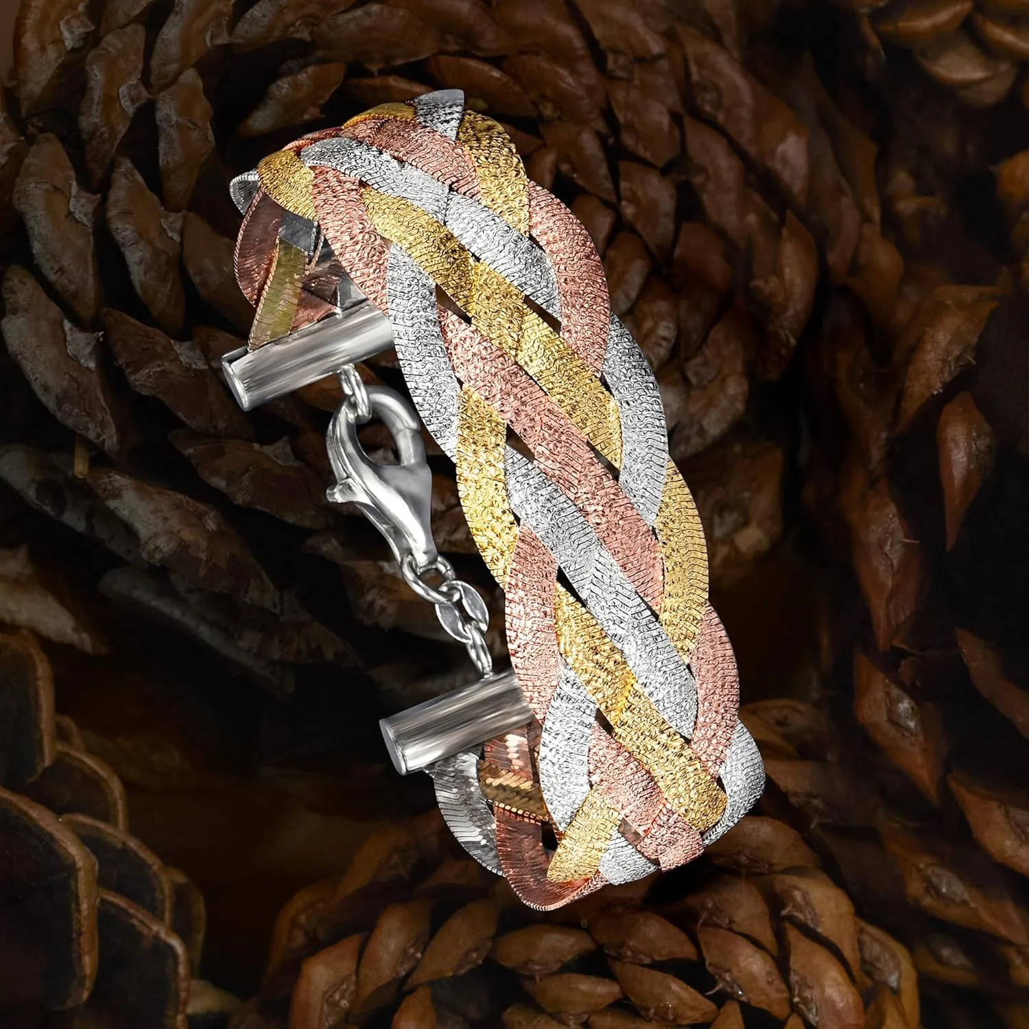 Ross-Simons Italian Tri-Colored Sterling Silver Reversible Braid Bracelet