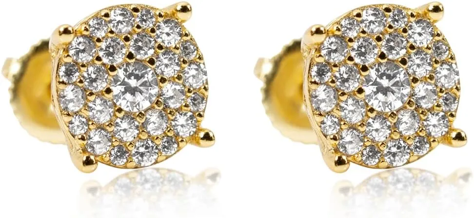 Round Flower Cluster Earrings for Men Women14K Yellow Gold 925 Sterling Silver Stud Earrings Hypoallergenic 5A CZ Stone 3D Flower Set Unisex Large 10mm Circle Screw On Earrings