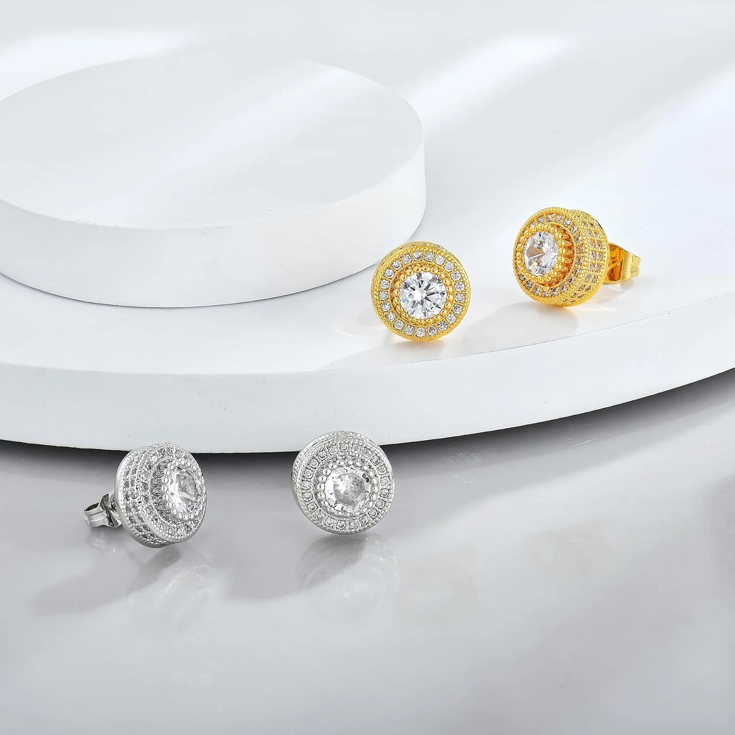 Round Stud Earrings Halo Stud Earring for Men 18k Gold Plated Anti-Allergy Earrings