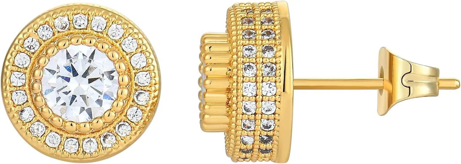 Round Stud Earrings Halo Stud Earring for Men 18k Gold Plated Anti-Allergy Earrings