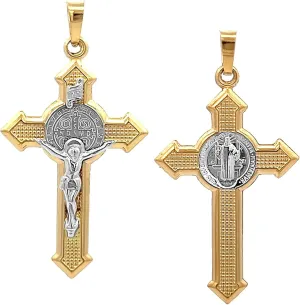 RP 14k Two Tone Gold Saint Benedict INRI Crucifix Cross Reversible Pendant Patron St. Benedict Fine Religious Jewelry for Him & Her