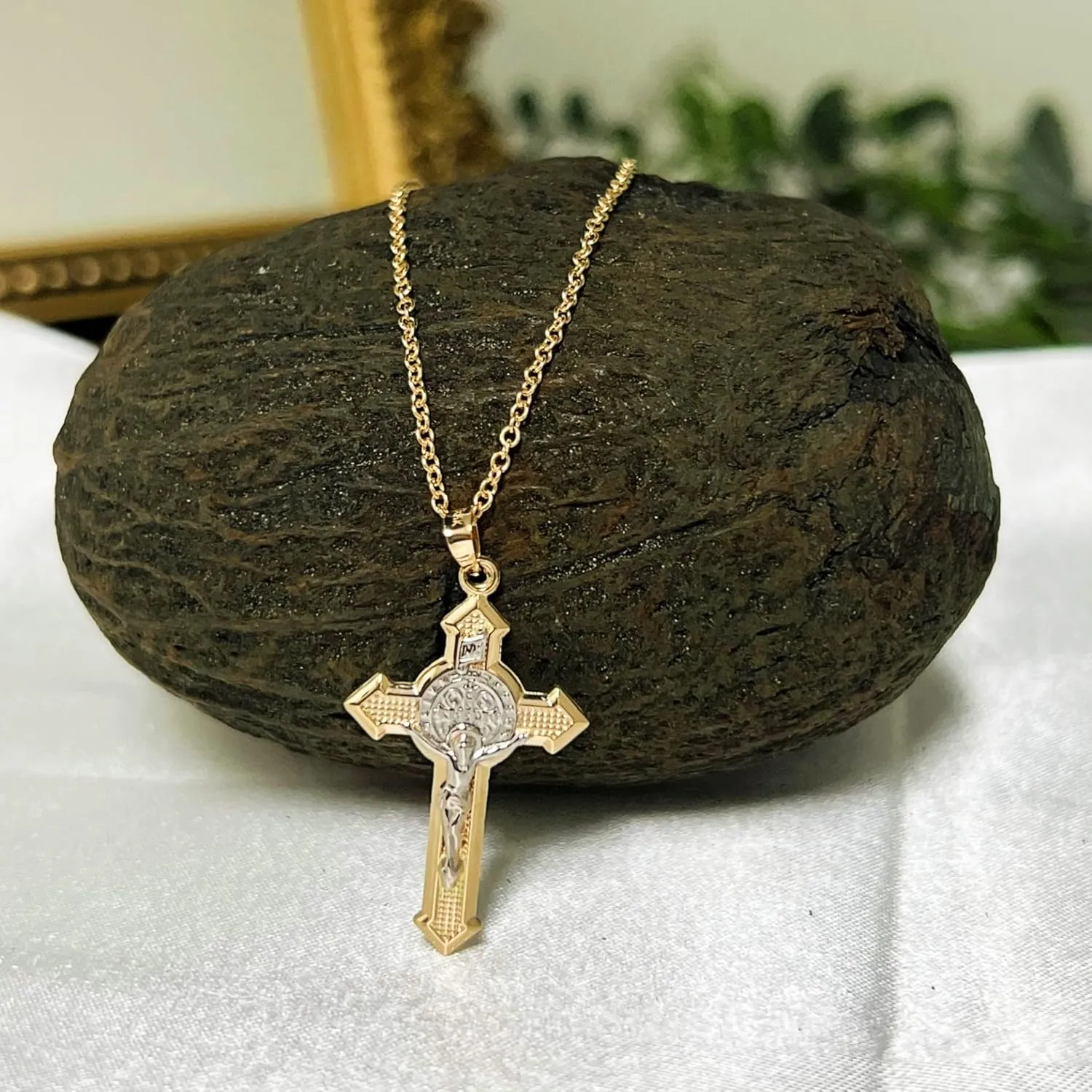 RP 14k Two Tone Gold Saint Benedict INRI Crucifix Cross Reversible Pendant Patron St. Benedict Fine Religious Jewelry for Him & Her