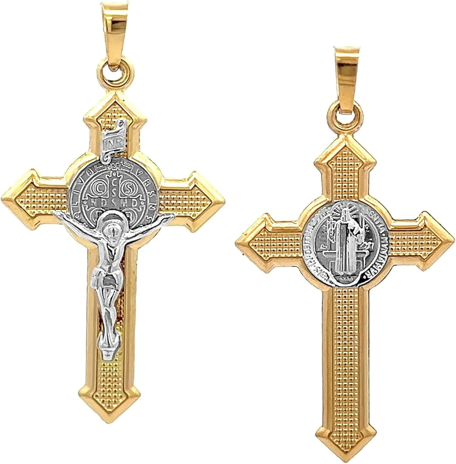 RP 14k Two Tone Gold Saint Benedict INRI Crucifix Cross Reversible Pendant Patron St. Benedict Fine Religious Jewelry for Him & Her