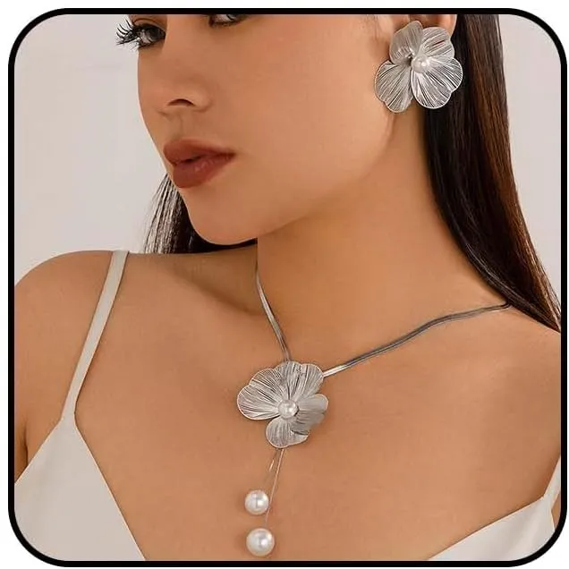 Rrdaily Boho Ginkgo Leaf Pearls Statement Jewelry Set for Women, Dainty Large Leaves Drop Earrings Big Plant Leaf Flowers Pendant Y Necklace Accessories