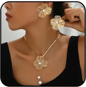 Rrdaily Boho Ginkgo Leaf Pearls Statement Jewelry Set for Women, Dainty Large Leaves Drop Earrings Big Plant Leaf Flowers Pendant Y Necklace Accessories