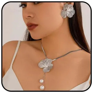 Rrdaily Boho Ginkgo Leaf Pearls Statement Jewelry Set for Women, Dainty Large Leaves Drop Earrings Big Plant Leaf Flowers Pendant Y Necklace Accessories