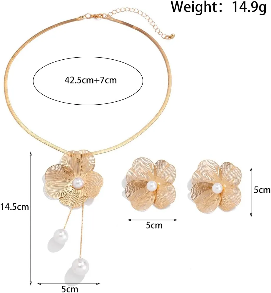 Rrdaily Boho Ginkgo Leaf Pearls Statement Jewelry Set for Women, Dainty Large Leaves Drop Earrings Big Plant Leaf Flowers Pendant Y Necklace Accessories