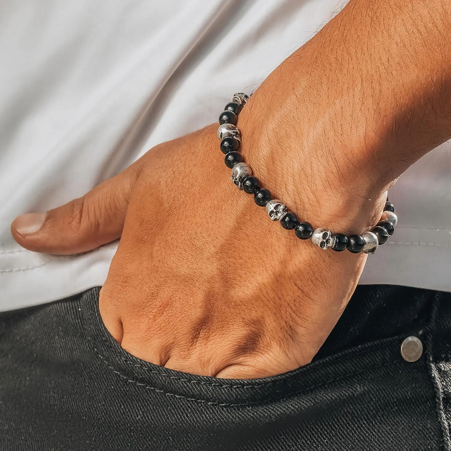 RTZN Skull Bracelets for Men  Premium Artisan Handcrafted Black Obsidian Bracelet  6MM Beaded Adjustable Skull Bracelet for Women and Mens Memento Mori Bracelet