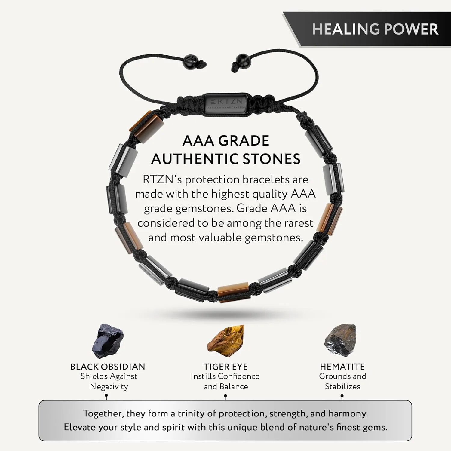 RTZN Triple Protection Bracelet for Men  Premium Artisan Handcrafted Authentic Tiger Eye, Black Obsidian & Hematite Beads  9mm Protection Stones Mens Bead Bracelets (Havana)