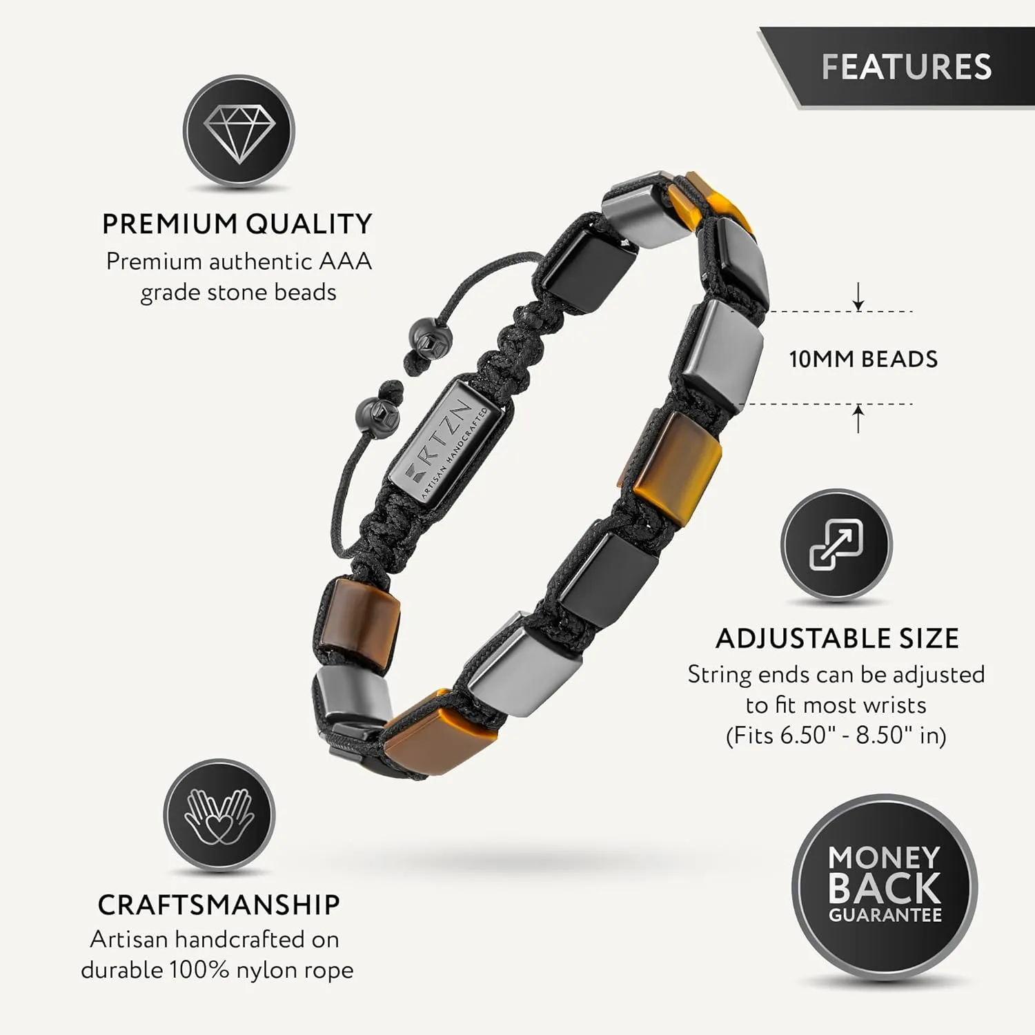 RTZN Triple Protection Bracelet for Men  Premium Artisan Handcrafted Authentic Tiger Eye, Black Obsidian & Hematite Beads  9mm Protection Stones Mens Bead Bracelets (Havana)