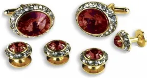 Ruby Stone Center Austrian Crystal Tuxedo Studs and Cufflinks Gold Trim