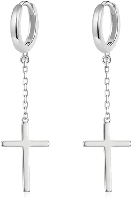S925 Sterling Silver Simple Cross Faith Dangle Huggie Hoop Earrings Minimalist Chian Dangling Threader Tassel Charm Cartilage Earring