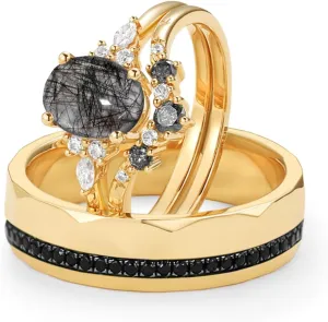 S925/10K/14K/18K Gold Couple Ring Set, 2CT Black Rutilated Quartz & Moissanite Ring Set for Her and Him, Black Onyx Couple Bands with Hypoallergenic Finish, Anniversary Promise Gift Boxed