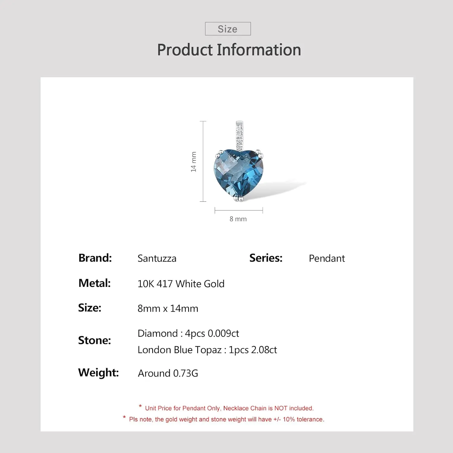 Santuzza 10K Solid Gold Heart Shape Gemstone Genuine Diamond Dainty Pendant Without Chain for Women